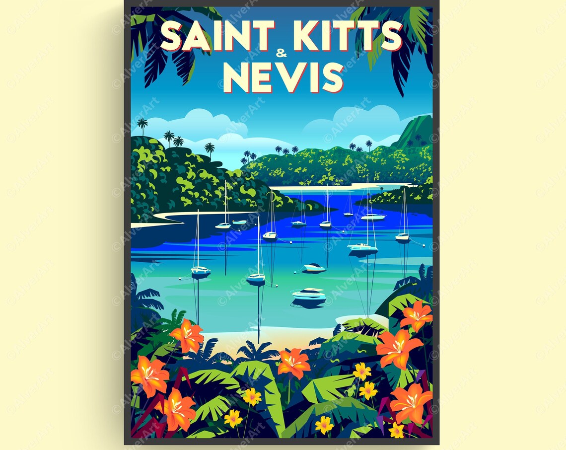 Saint Kitts and Nevis Harbor Sailboats Tropical Vintage Travel Poster
