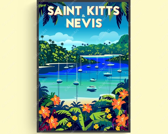 Saint Kitts and Nevis Harbor Sailboats Tropical Vintage Travel Poster