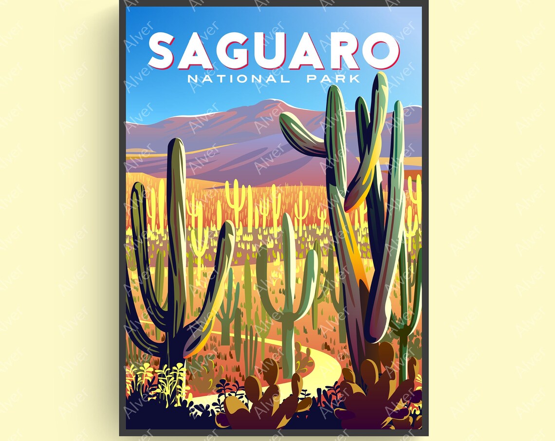 Saguaro National Park Desert Cactus Sunset Retro Travel Poster