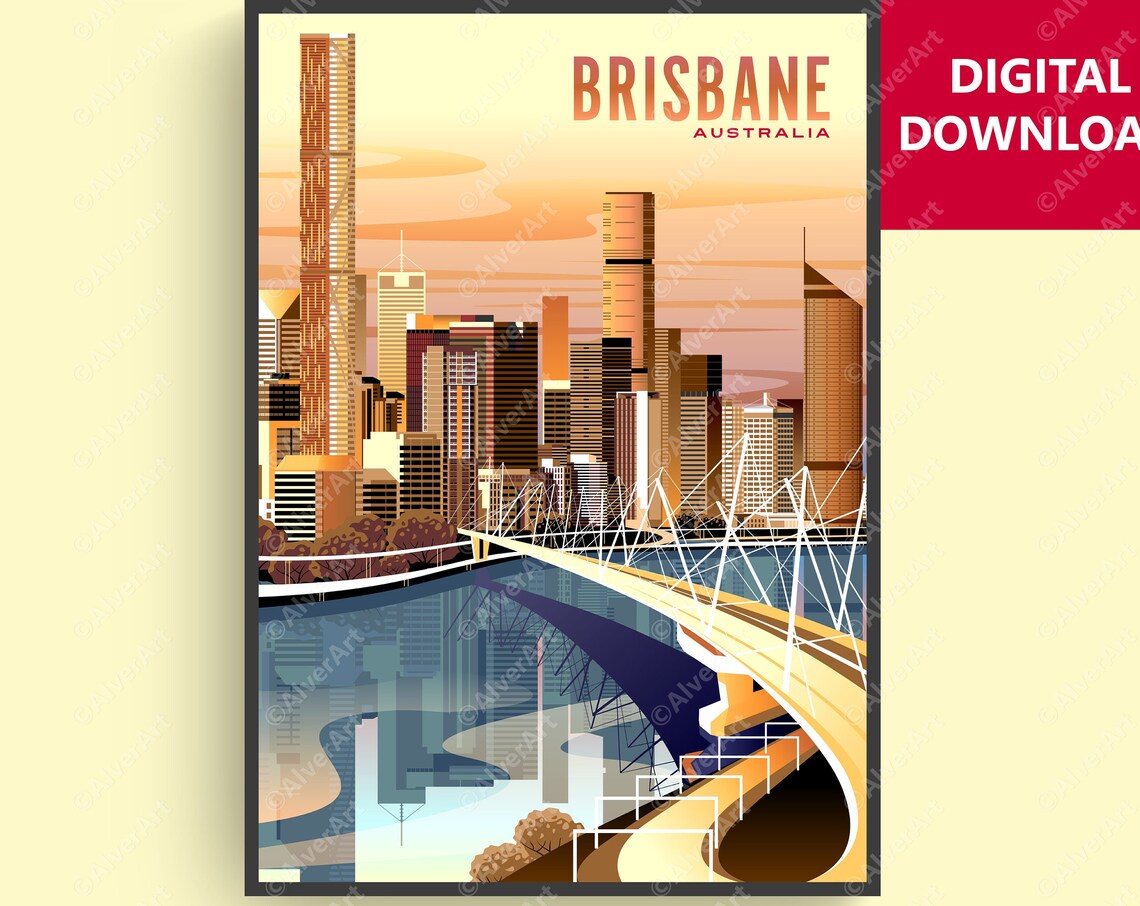Brisbane Australia City Skyline Sunset Story Bridge River Poster