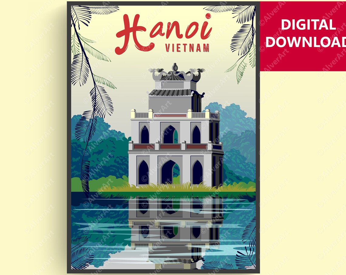 Hanoi Vietnam Turtle Tower Hoan Kiem Lake Vintage Travel Poster