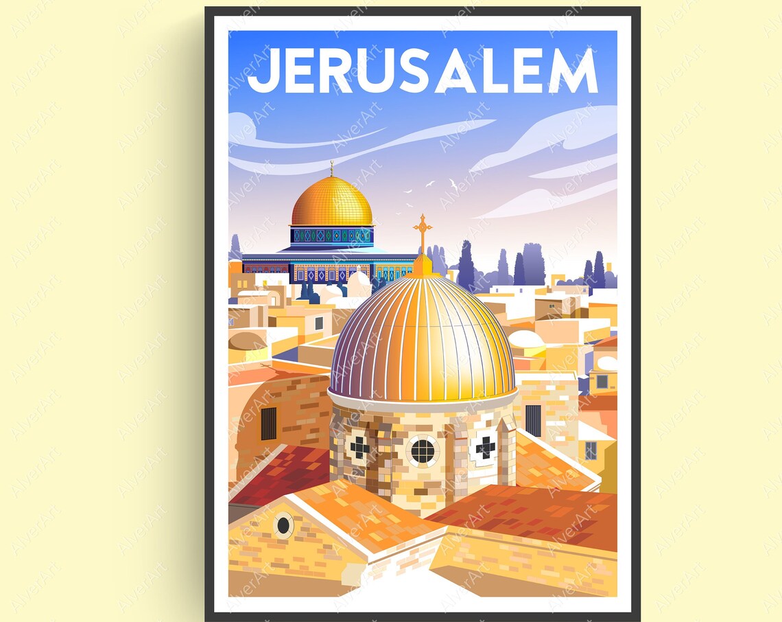Jerusalem Travel Poster With Golden Domes Above the Old City Rooftops