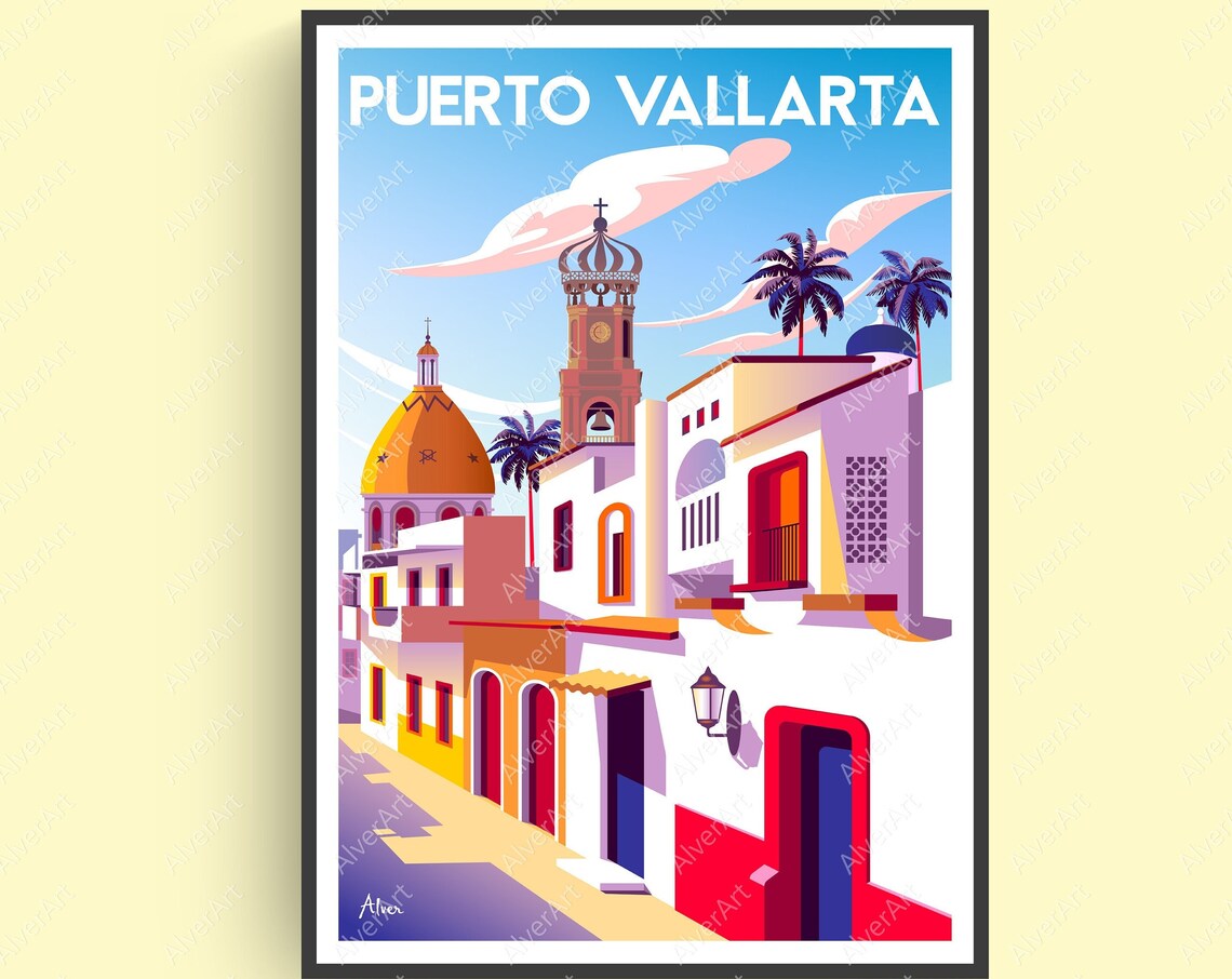 Puerto Vallarta Colorful Colonial Street Church Tower Poster