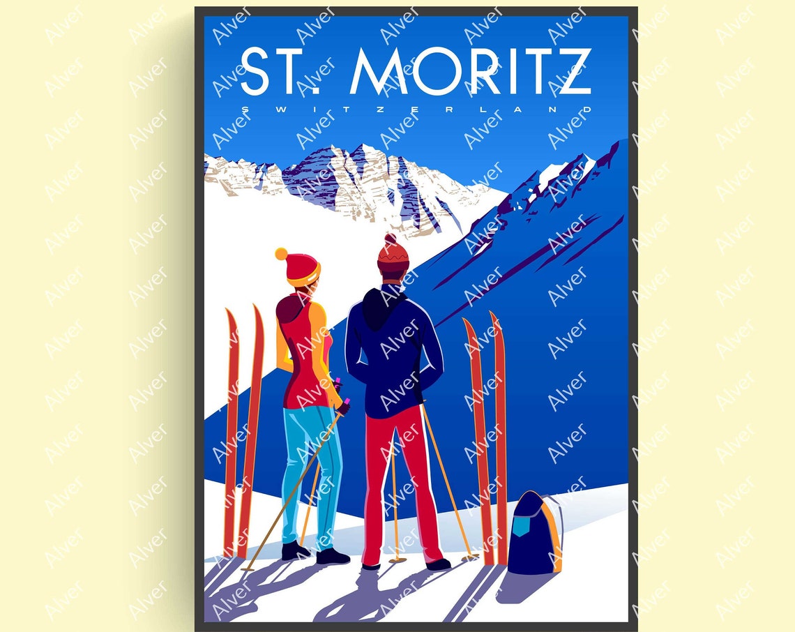 St. Moritz Switzerland Skiers Alpine Snow Peaks Ski Travel Poster