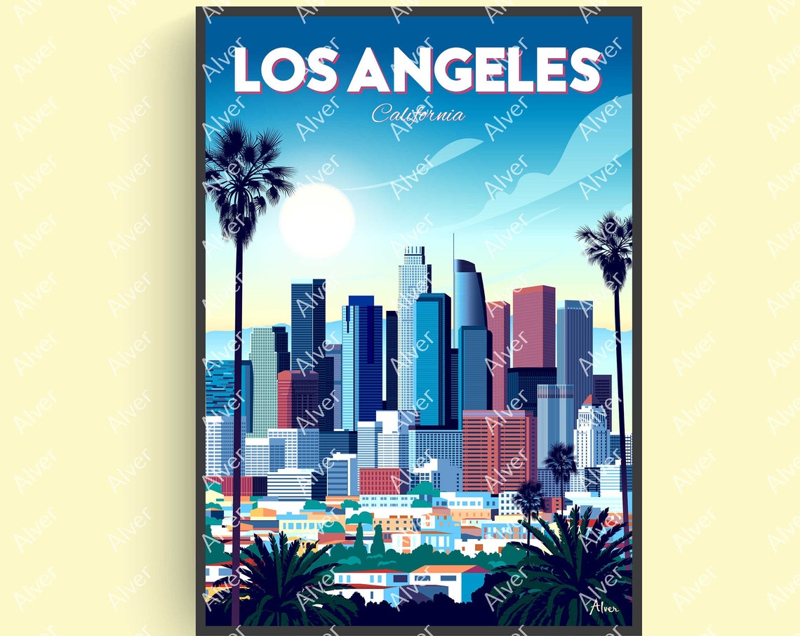 Los Angeles California Downtown Skyline Palms Retro Travel Poster