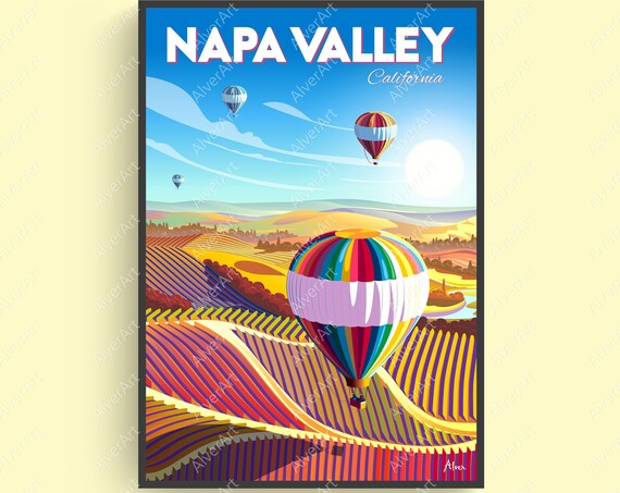 California Poster Napa Valley Poster Wine Vineyards Balloon Art Napa Valley Print California Wall Art Unframed