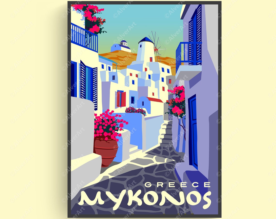 Mykonos Greece White Alley Windmill Bougainvillea Travel Poster