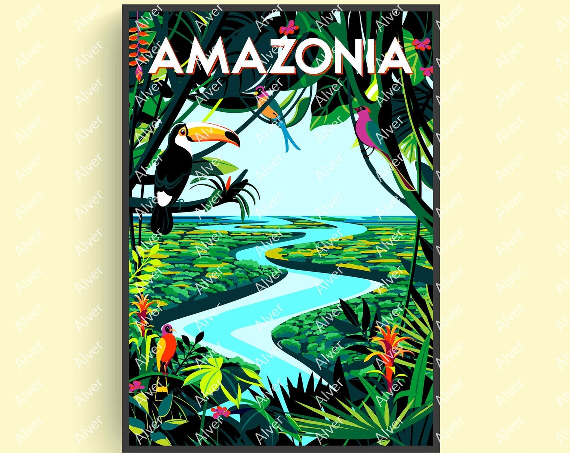 Amazonia Brazil Rainforest River Toucan Jungle Wildlife Travel Poster