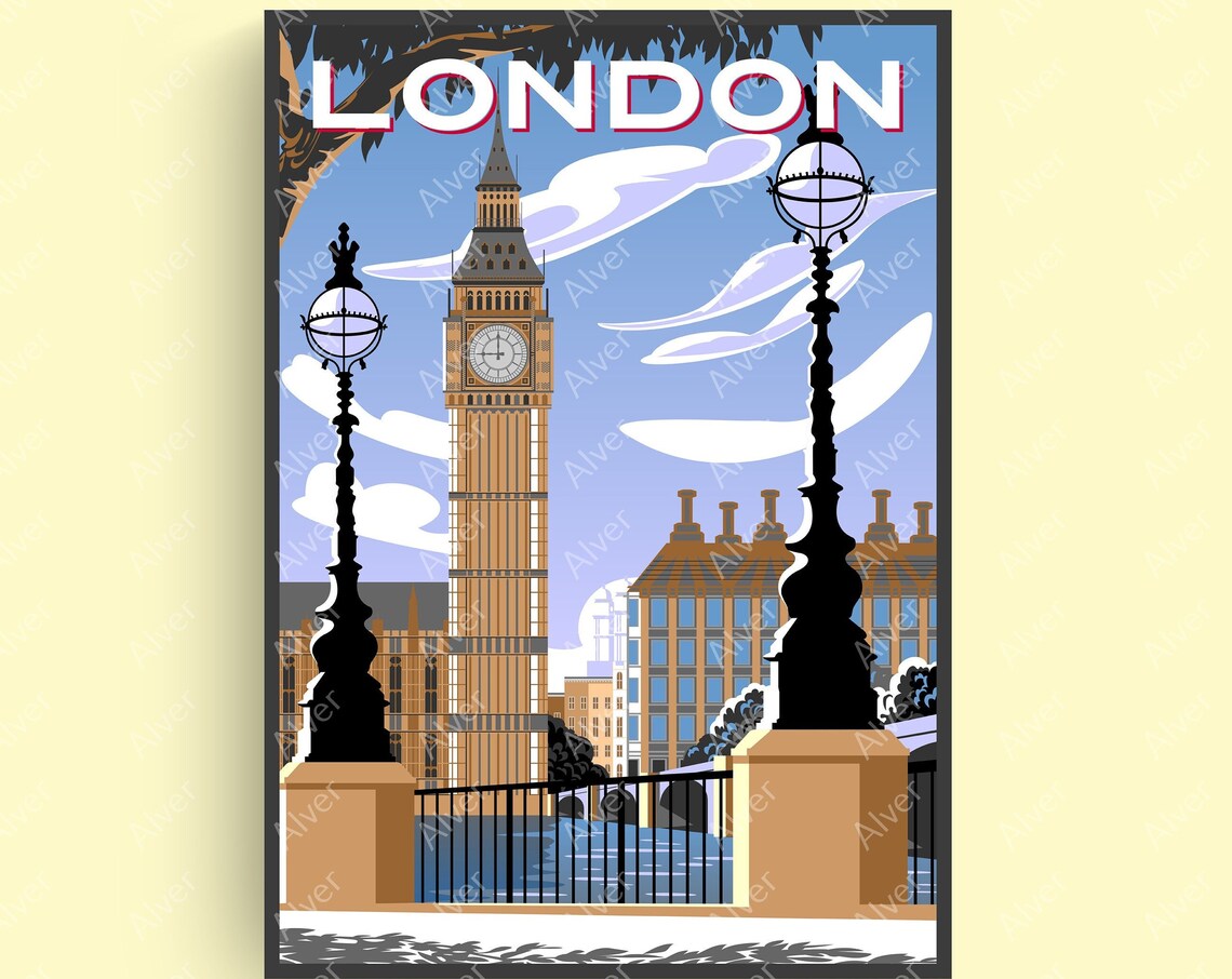 London Big Ben Westminster Bridge Classic Retro Travel Poster
