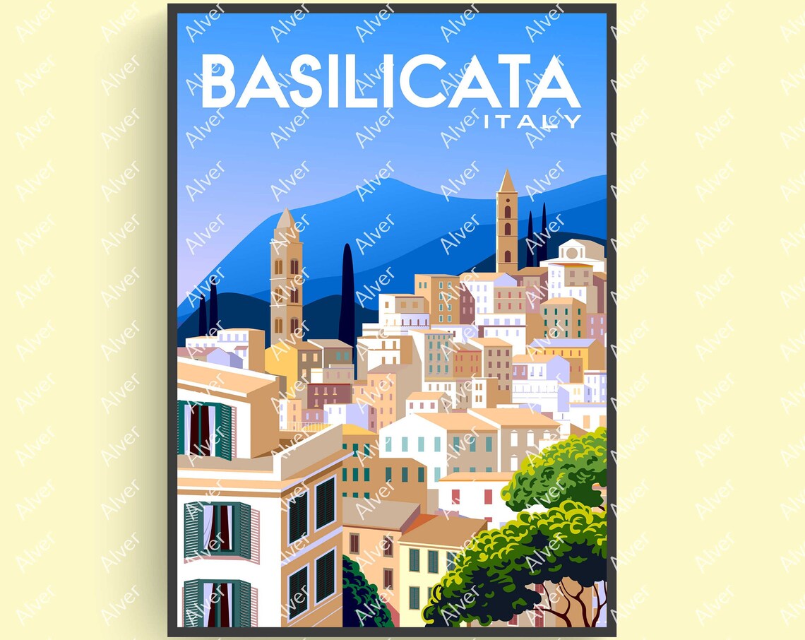 Basilicata Italy Hilltop Village Church Towers Cypress Travel Poster