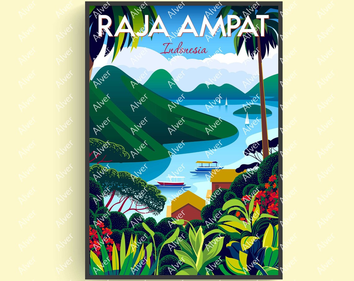Raja Ampat Indonesia Emerald Islands Lagoon Boats Tropical Poster