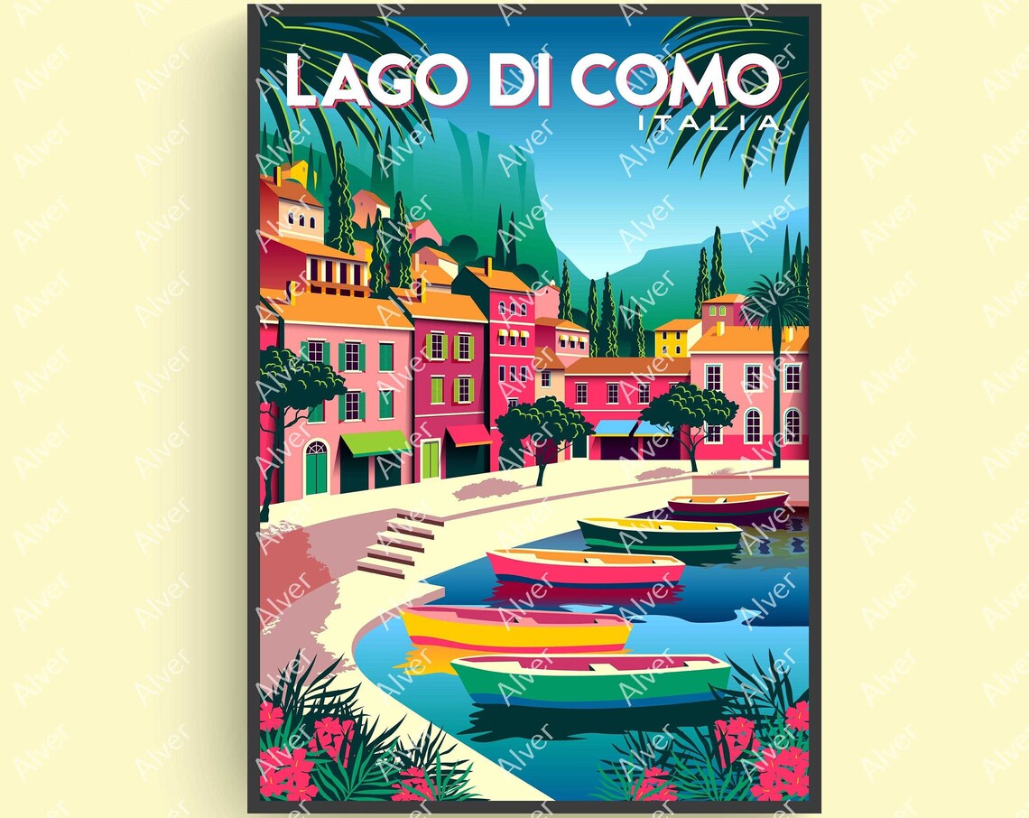 Lago di Como Italia Lakeside Village Colorful Rowboats Poster