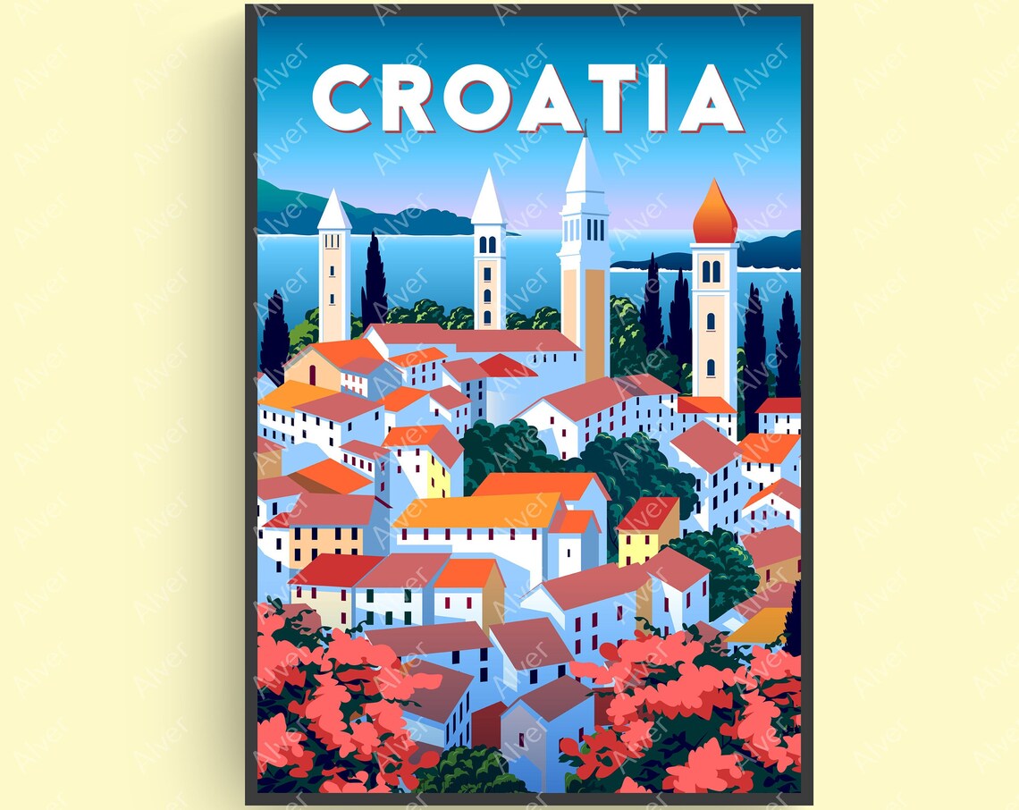 Croatia Adriatic Coast Travel Poster With Red Roof Old Town by the Sea