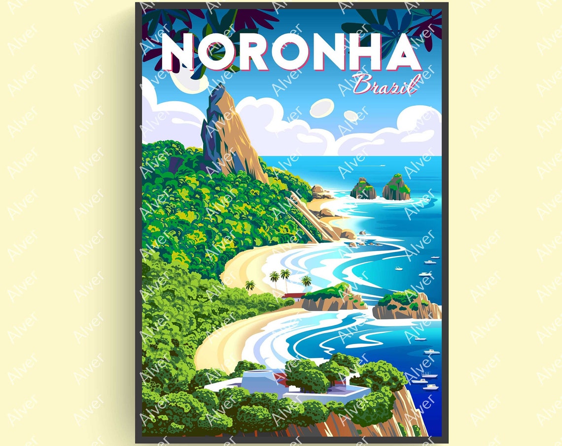 Noronha Brasil Volcanic Peak Beach Bays Tropical Travel Poster