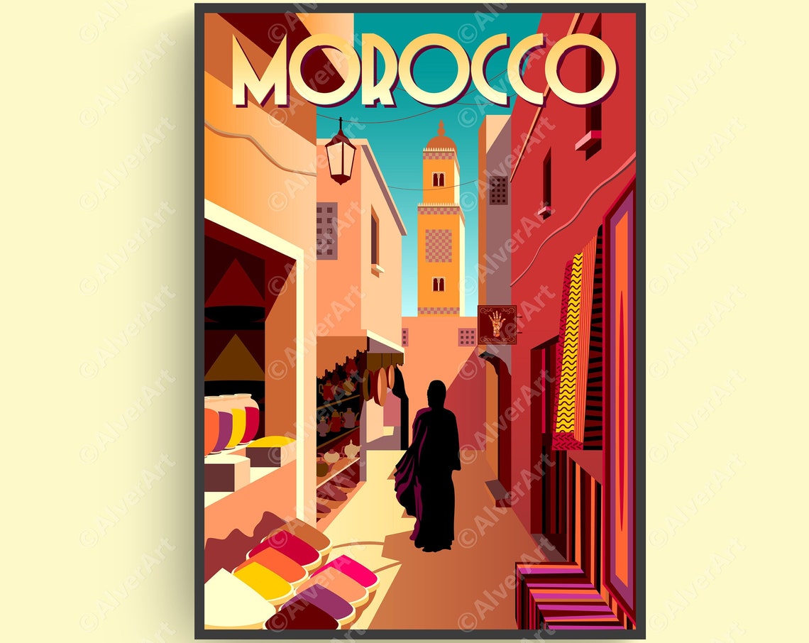 Morocco Marrakech Souk Medina Minaret Colorful Travel Poster
