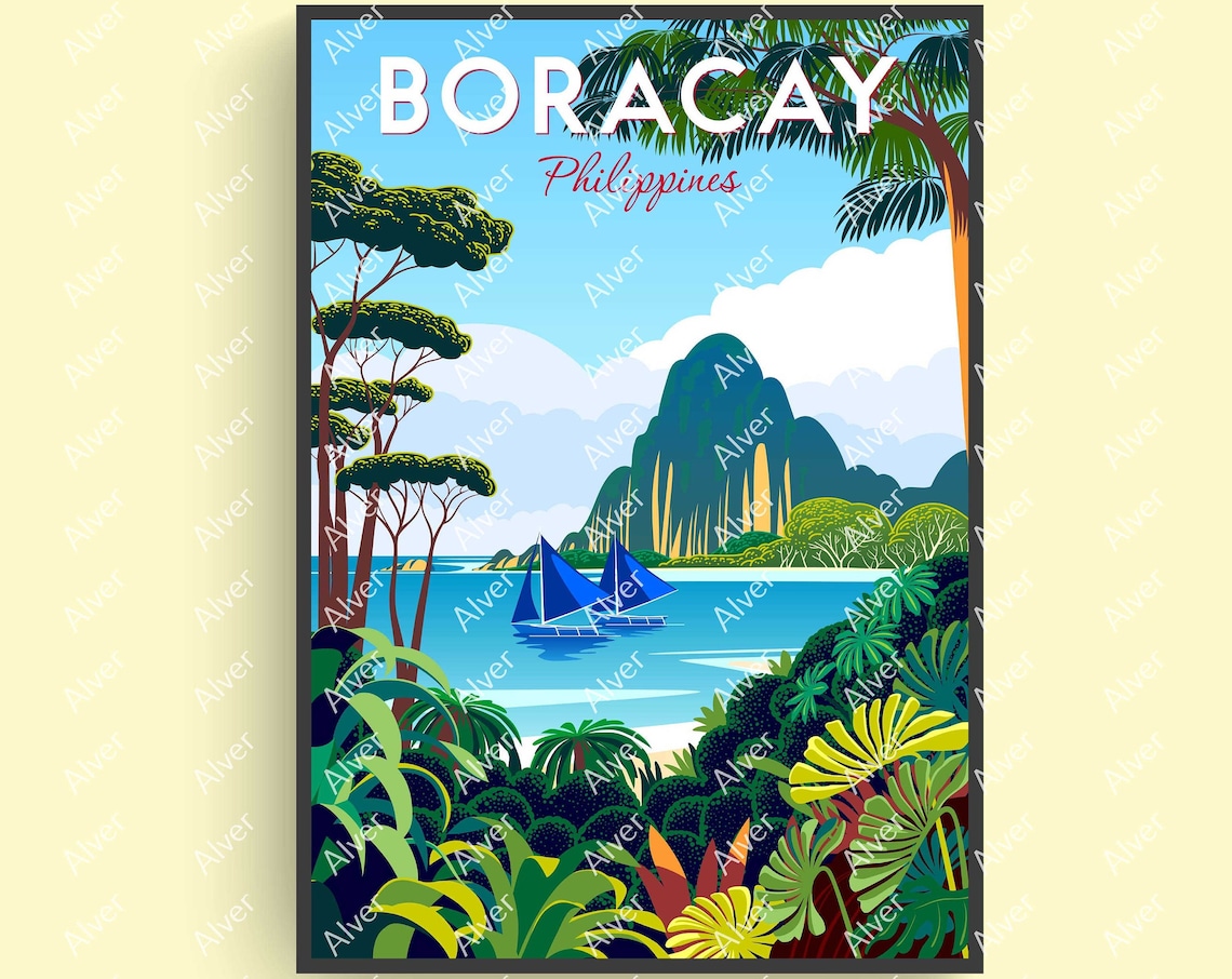 Boracay Philippines Paraw Sailboat Jungle Cove Tropical Art Poster