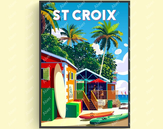 St Croix Tropical Beach Bar Kayaks Surfboard Caribbean Travel Poster