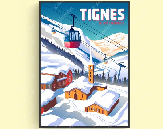 Tignes French Alps Ski Poster With Cable Cars Over Snowy Alpine Village