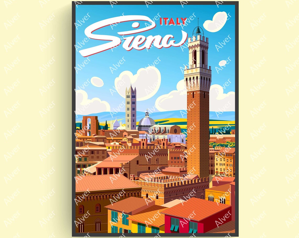Siena Italy Torre del Mangia Tuscan Old Town Retro Travel Poster