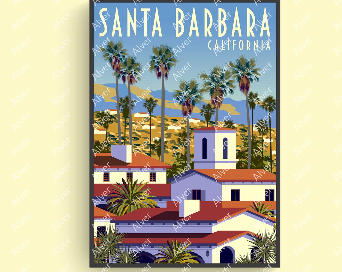 Santa Barbara California Mission Palms Hills Retro Travel Poster