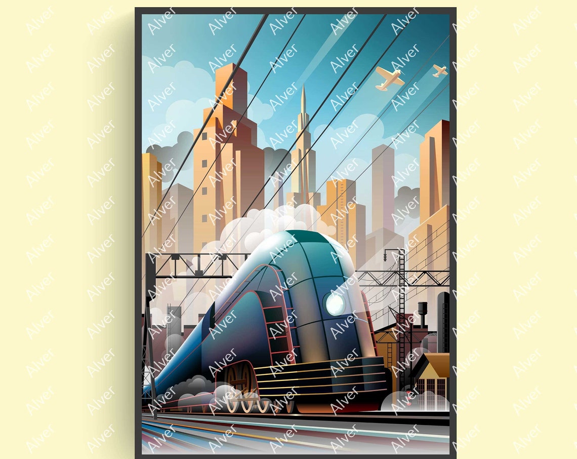 Art Deco Streamlined Blue Locomotive City Train Vintage Poster