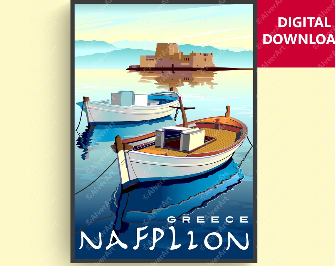 Nafplion Greece Fishing Boats Island Fortress Harbor Scene Poster