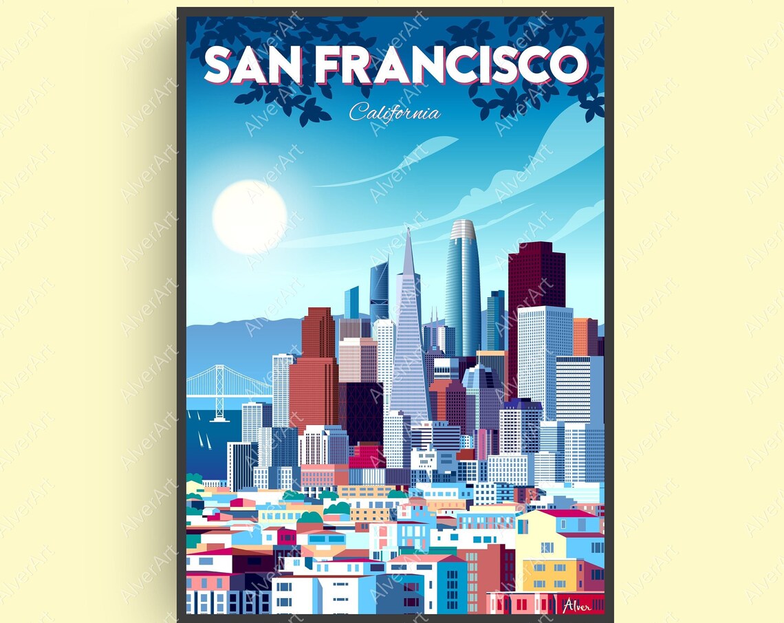 San Francisco California Skyline Bay Bridge Retro Travel Poster