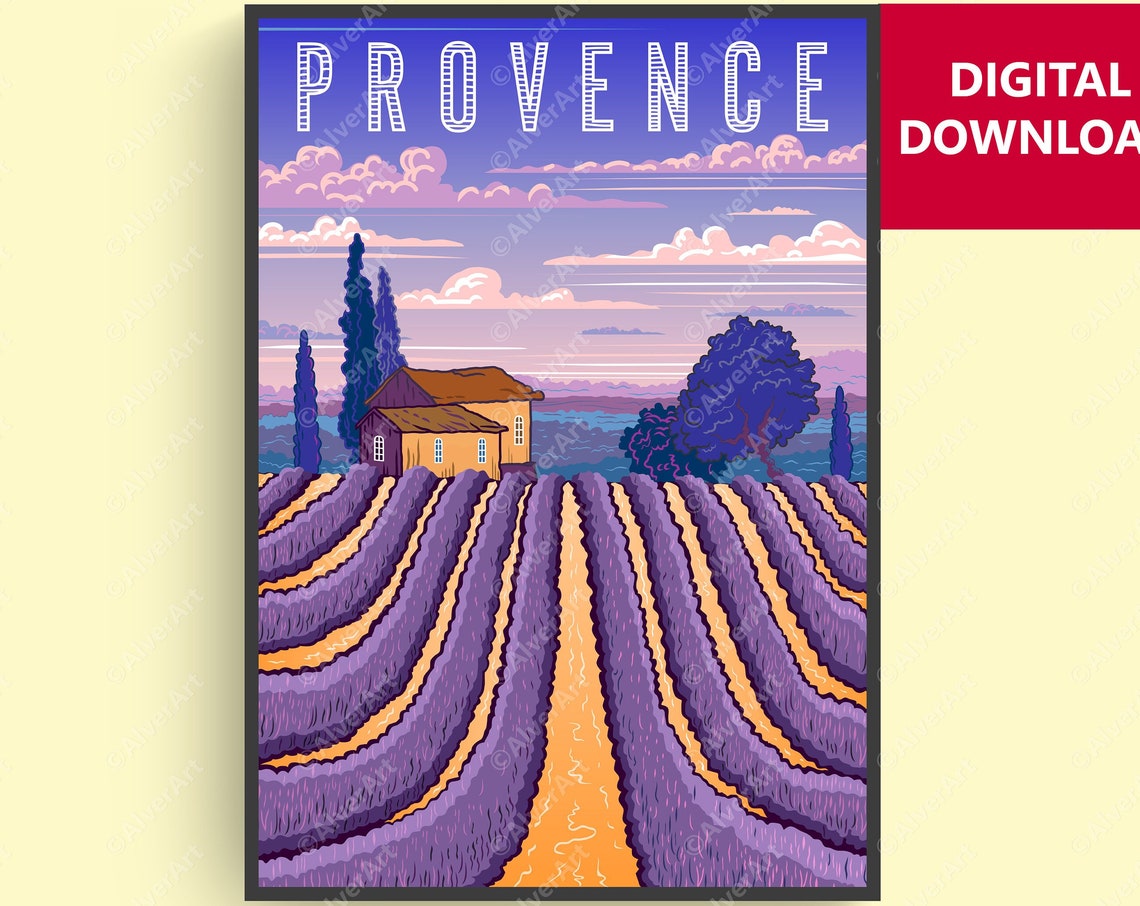 Provence France Lavender Fields Farmhouse Sunset Travel Poster