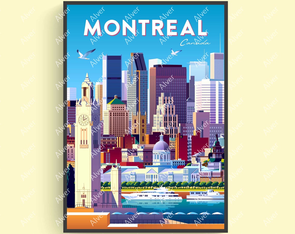 Montreal Canada Skyline Clock Tower Harbor Boats City Travel Poster
