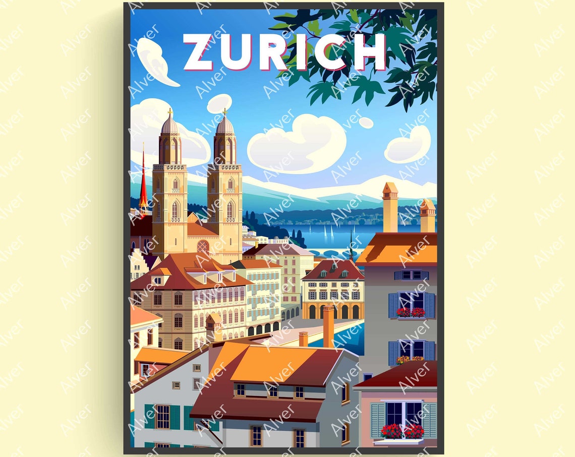 Zurich Switzerland Grossmunster Old Town Lake Alps Travel Poster