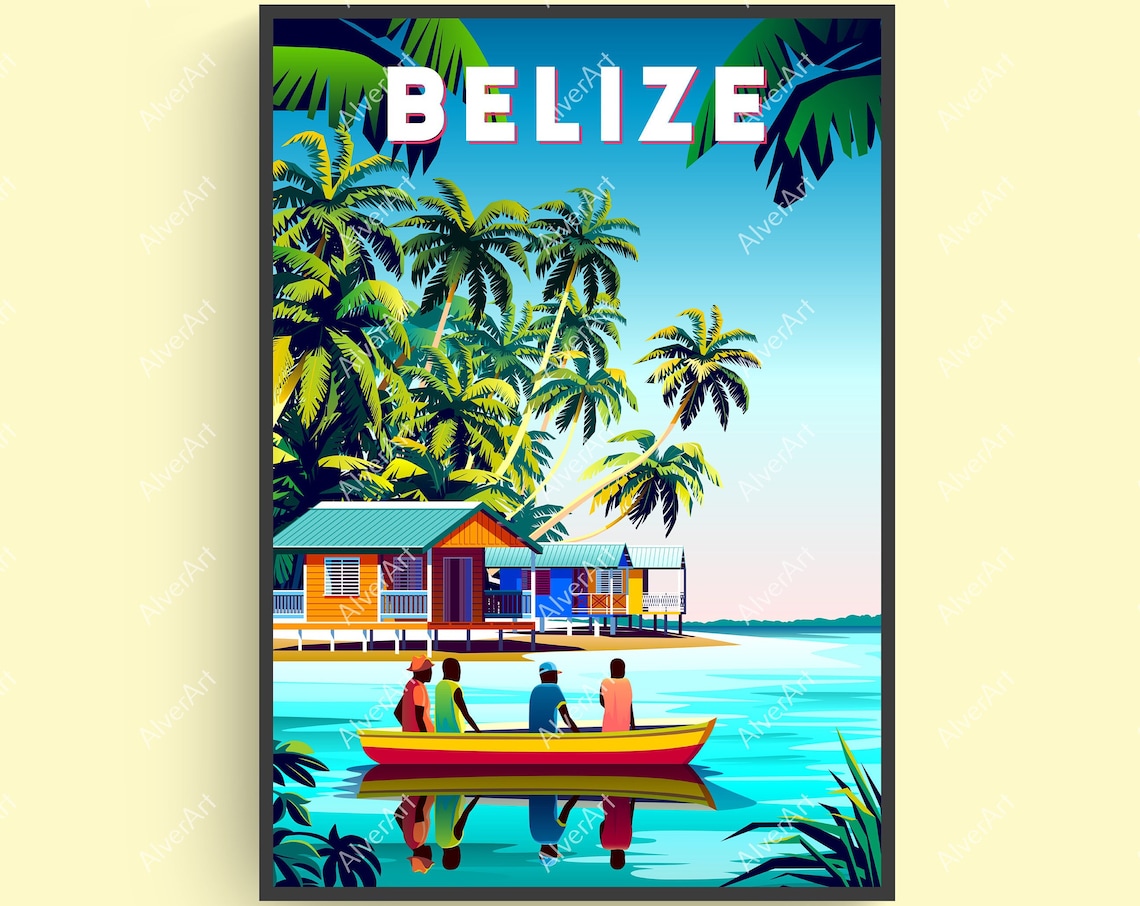 Belize Tropical Caribbean Stilt House Canoe Palm Travel Poster