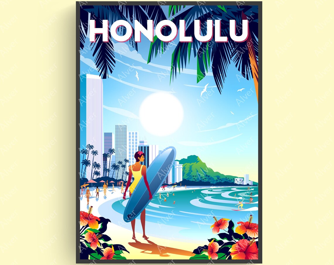 Honolulu Poster Hawaii Poster Hawaii Travel Print Surfing Wall Art Ocean Surfboard Wave Unframed