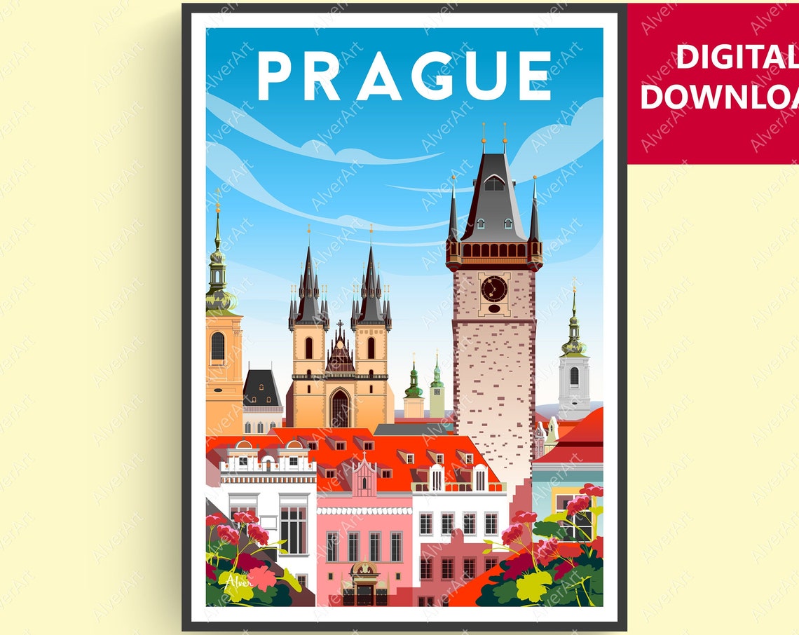 Prague Czech Republic Old Town Church Spires Red Rooftops Poster