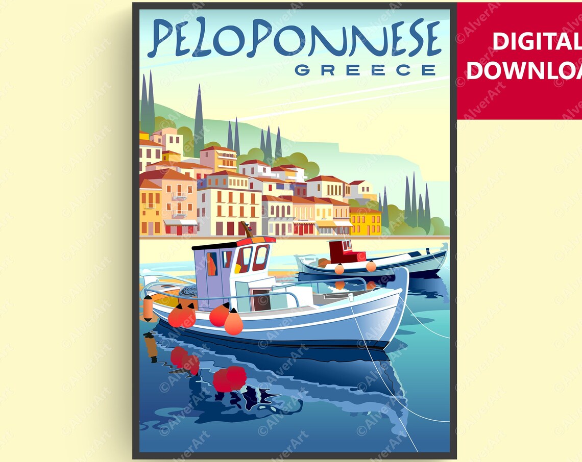 Peloponnese Greece Fishing Boats Harbor Coastal Town Scene Poster