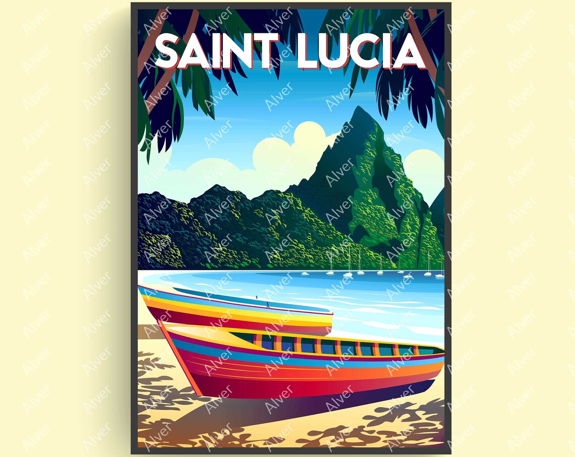 Saint Lucia Caribbean Travel Poster With Wooden Boat and Green Peaks