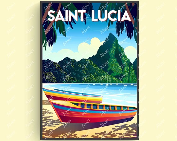 Saint Lucia Caribbean Travel Poster With Wooden Boat and Green Peaks