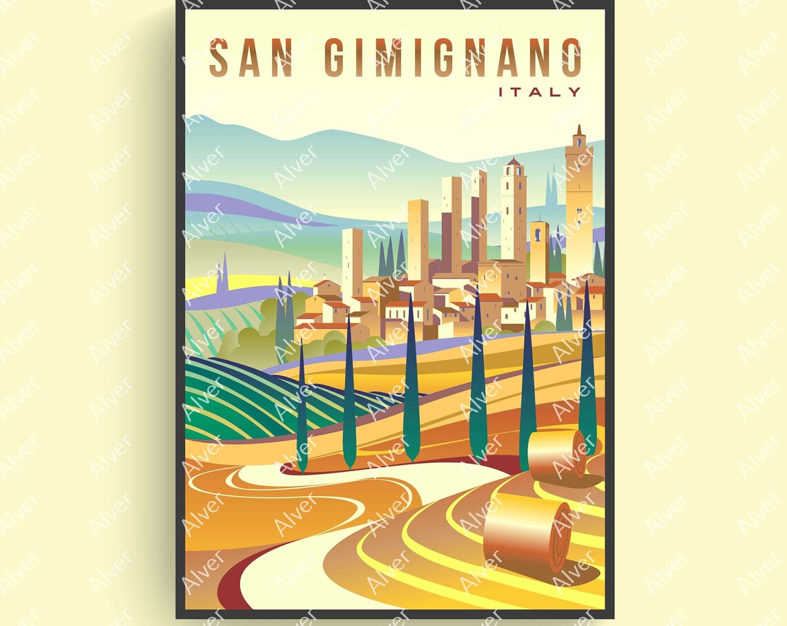 San Gimignano Italy Medieval Towers Tuscan Hills Retro Travel Poster