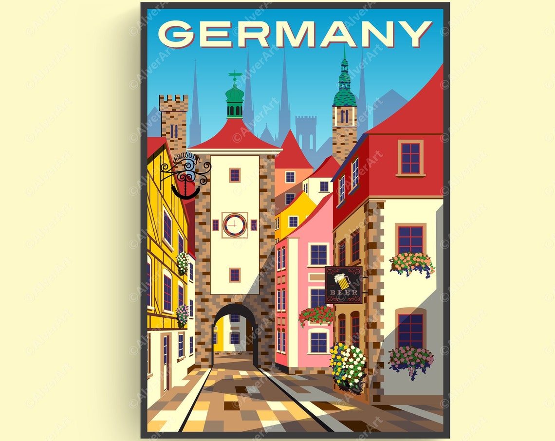 Germany Old Town Clock Tower Cobblestone Street Travel Poster