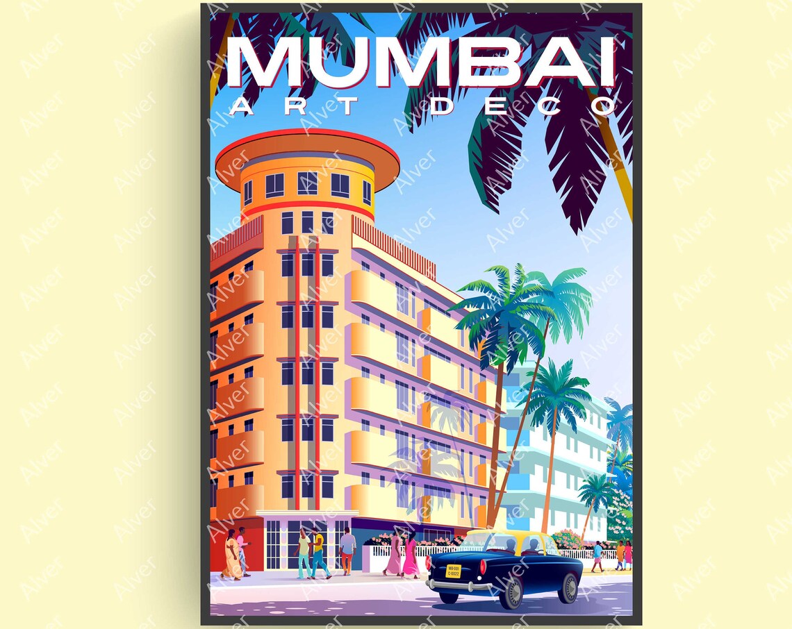 Mumbai Art Deco Building Palms Vintage Car Retro Travel Poster