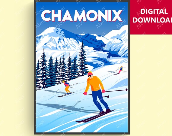 Chamonix Mont Blanc Skiers Snowy Slopes French Alps Scene Poster