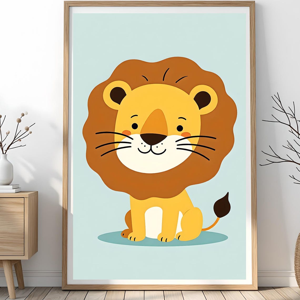 Cute Cartoon Baby Lion Nursery Poster on Soft Light Blue Background