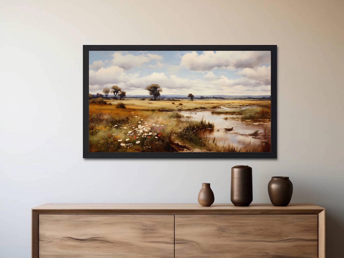 Spring Meadow with Wildflowers and a Duck by the Stream Wall Art - Image 2