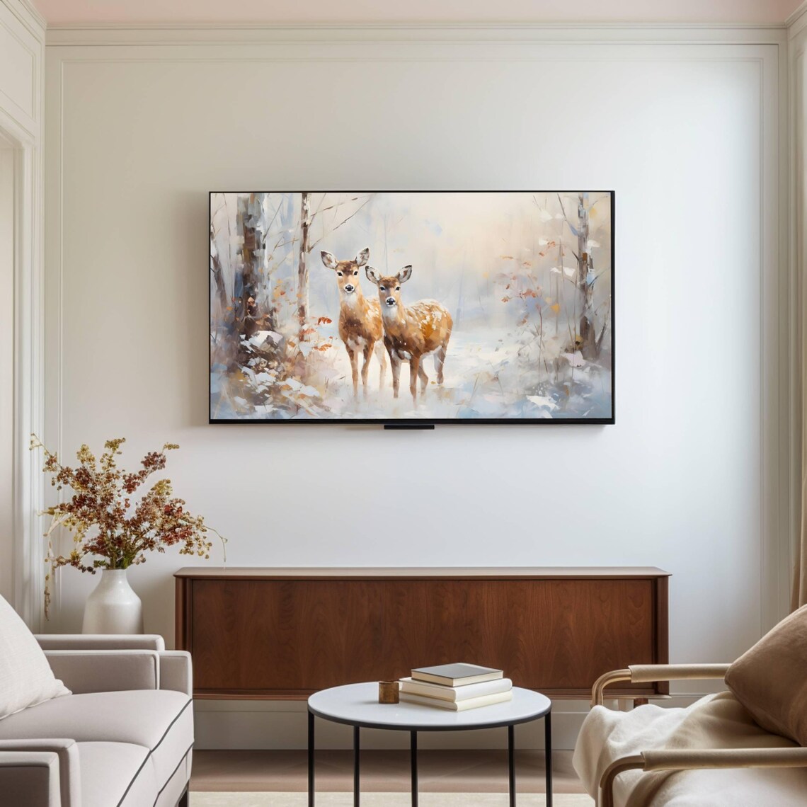 Pair of Deer in a Snowy Forest Where Autumn Meets Winter Poster - Image 2