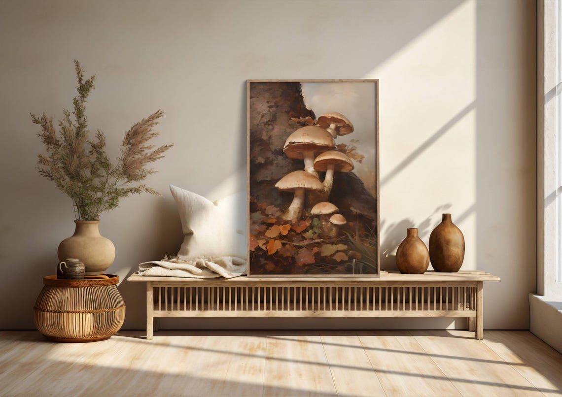 Wild Mushrooms Growing on a Dark Tree Trunk in Autumn Wall Art - Image 2