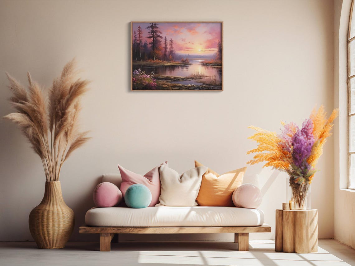 Pink Sunset Melting Over a Calm Lake With Pines and Wildflowers Poster - Image 2