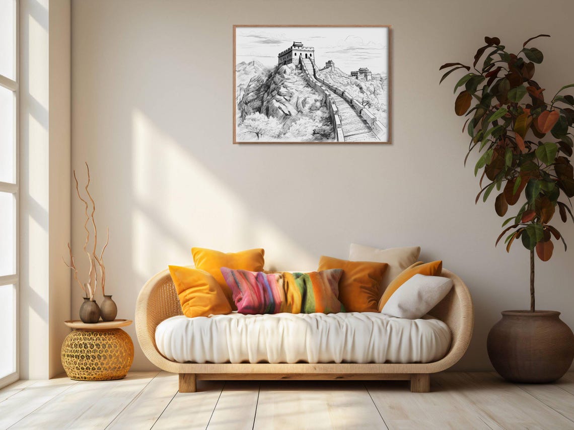 Great Wall Of China Bw Sketch Print Ancient China Architecture Wall Art Rural Landscape Home Decor Architectural Graphite Drawing - Image 2