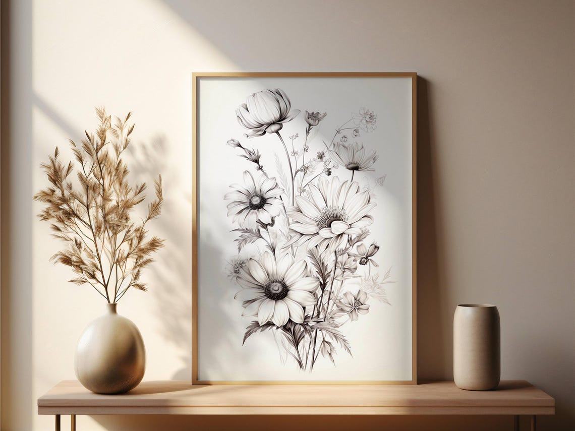 Black and White Daisy Botanical Sketch Monochrome Floral Art Poster - Image 2
