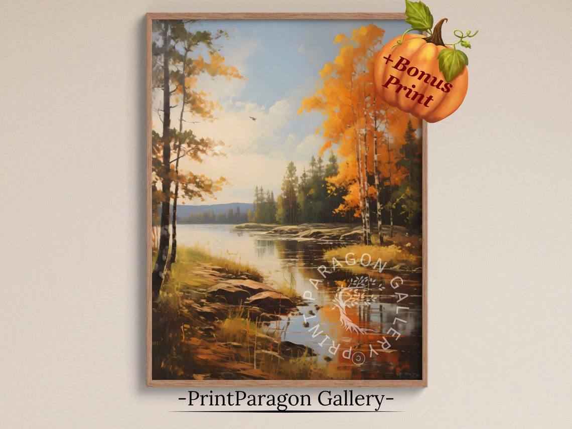Birch Trees on a Rocky Shore Beside a Golden Autumn Lake Wall Art