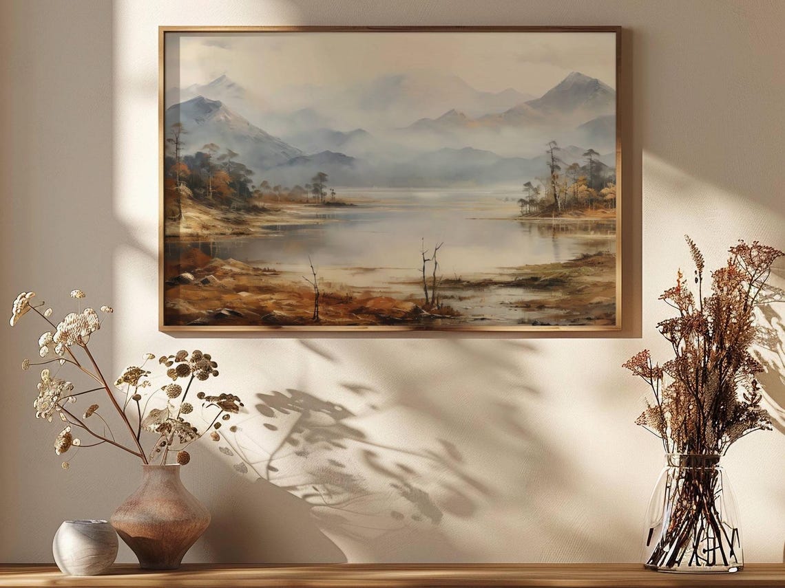 Misty Mountain Lake Layered Peaks Autumn Shore Moody Wall Art - Image 2