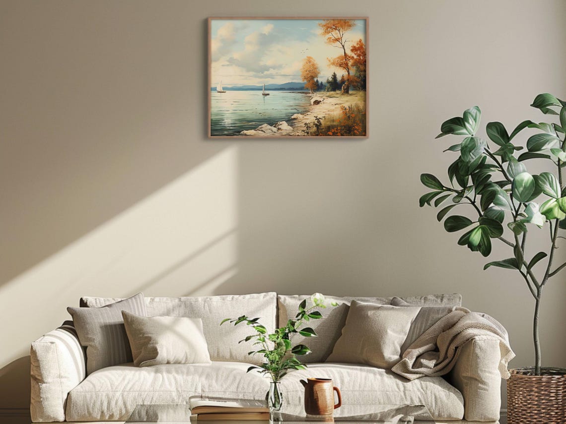 Two Sailboats on Lake Autumn Shore Fall Sailing Scenery Poster - Image 2